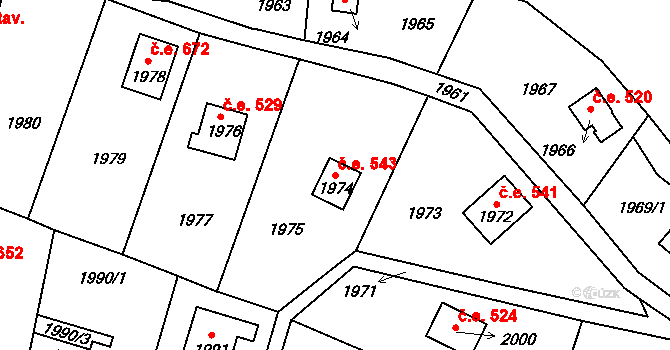 Rovina 543, Hlásná Třebaň na parcele st. 1974 v KÚ Hlásná Třebaň, Katastrální mapa