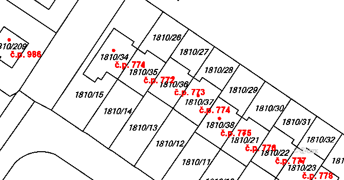 Kosmonosy 773 na parcele st. 1810/36 v KÚ Kosmonosy, Katastrální mapa