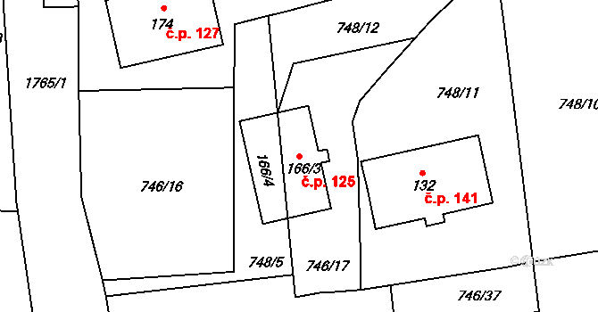 Hořovičky 125 na parcele st. 166/3 v KÚ Hořovičky, Katastrální mapa
