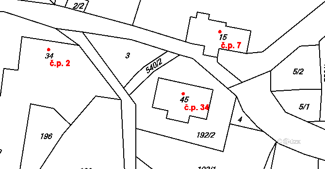 Čikvásky 34, Košťálov na parcele st. 45 v KÚ Čikvásky, Katastrální mapa