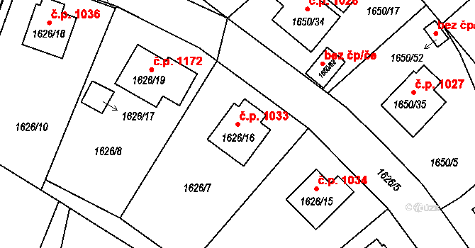 Pelhřimov 1033 na parcele st. 1626/16 v KÚ Pelhřimov, Katastrální mapa