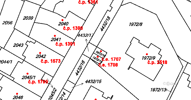 Teplice 1707 na parcele st. 1972/15 v KÚ Teplice, Katastrální mapa