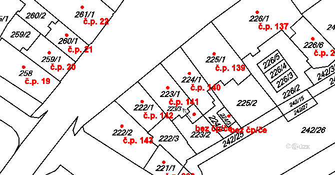 Sokolov 141 na parcele st. 223/1 v KÚ Sokolov, Katastrální mapa