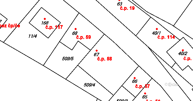 Hrušov 58 na parcele st. 67 v KÚ Hrušov nad Jizerou, Katastrální mapa
