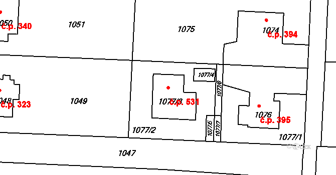 Běchovice 531, Praha na parcele st. 1077/3 v KÚ Běchovice, Katastrální mapa