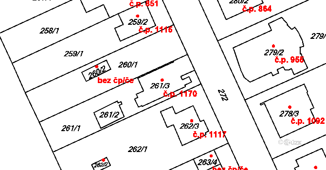 Chodov 1170, Praha na parcele st. 261/3 v KÚ Chodov, Katastrální mapa