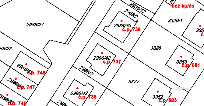 Kamenice nad Lipou 737 na parcele st. 2986/48 v KÚ Kamenice nad Lipou, Katastrální mapa