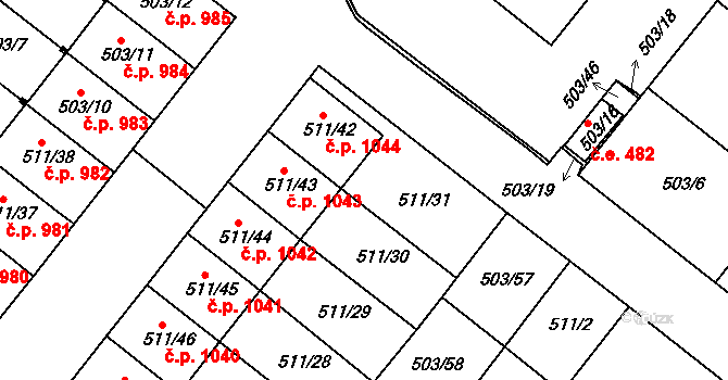 Mutěnice 1044 na parcele st. 511/42 v KÚ Mutěnice, Katastrální mapa