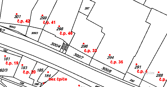 Kanice 33 na parcele st. 296 v KÚ Kanice, Katastrální mapa