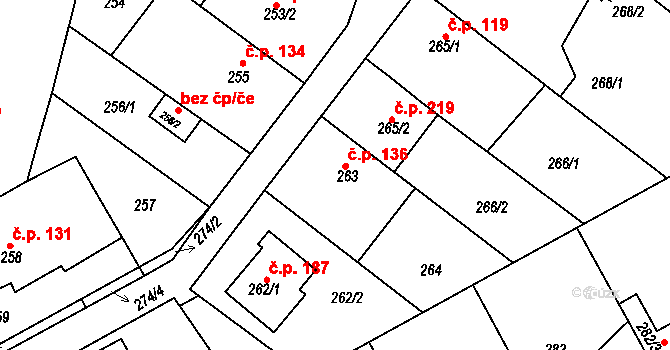 Ostrovačice 136 na parcele st. 263 v KÚ Ostrovačice, Katastrální mapa