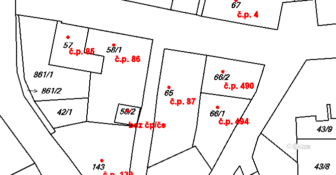 Plaňany 87 na parcele st. 65 v KÚ Plaňany, Katastrální mapa