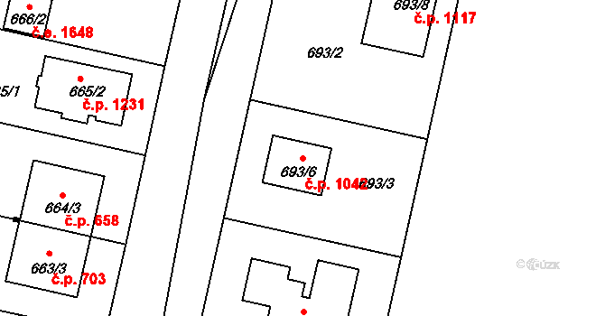 Černice 1042, Plzeň na parcele st. 693/6 v KÚ Bručná, Katastrální mapa