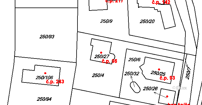 Zahořany 95, Králův Dvůr na parcele st. 250/27 v KÚ Zahořany u Berouna, Katastrální mapa