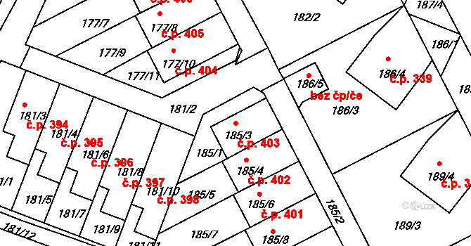 Pokratice 403, Litoměřice na parcele st. 185/3 v KÚ Pokratice, Katastrální mapa