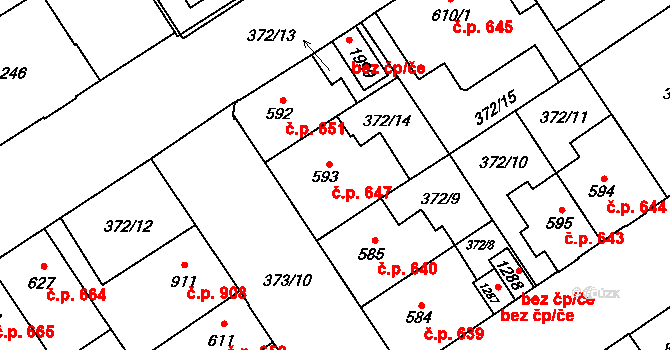 Přívoz 647, Ostrava na parcele st. 593 v KÚ Přívoz, Katastrální mapa