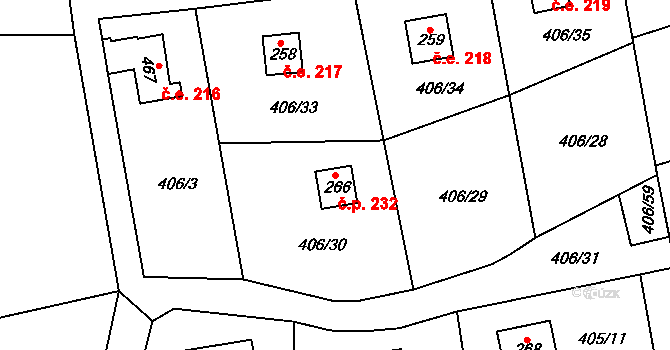 Kytín 232 na parcele st. 266 v KÚ Kytín, Katastrální mapa