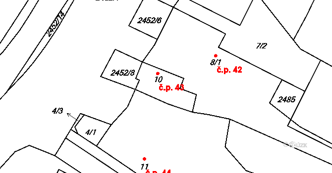 Malý Bor 43 na parcele st. 10 v KÚ Malý Bor, Katastrální mapa