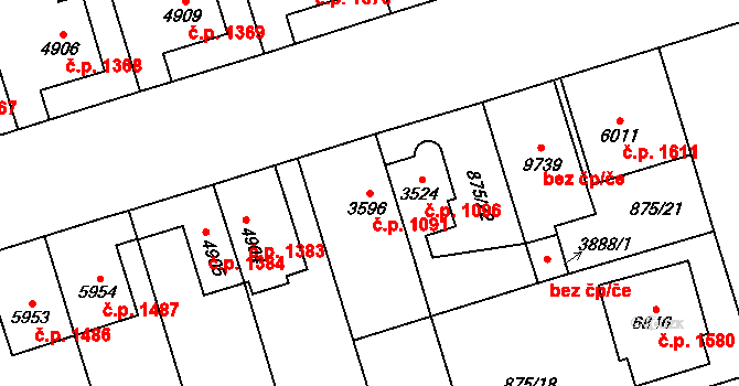 Bílé Předměstí 1091, Pardubice na parcele st. 3596 v KÚ Pardubice, Katastrální mapa