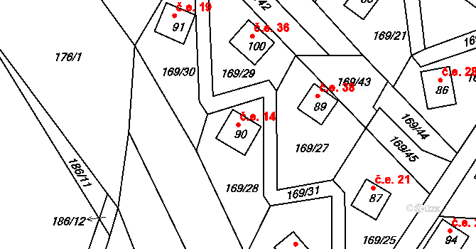 Pivonín 14, Zábřeh na parcele st. 90 v KÚ Pivonín, Katastrální mapa