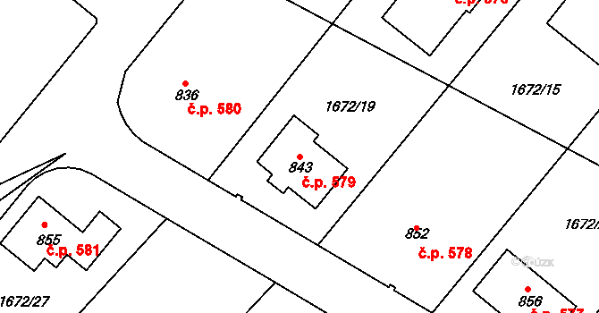 Křižanov 579 na parcele st. 843 v KÚ Křižanov, Katastrální mapa