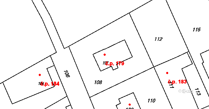 Bernartice nad Odrou 179 na parcele st. 107 v KÚ Bernartice nad Odrou, Katastrální mapa