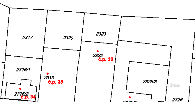Vodná 36, Kamenice nad Lipou na parcele st. 2322 v KÚ Kamenice nad Lipou, Katastrální mapa