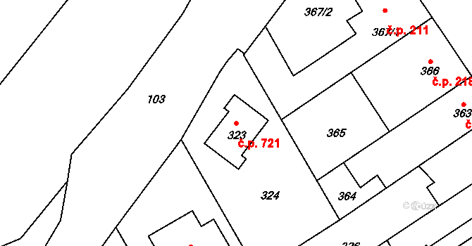 Trmice 721 na parcele st. 323 v KÚ Trmice, Katastrální mapa