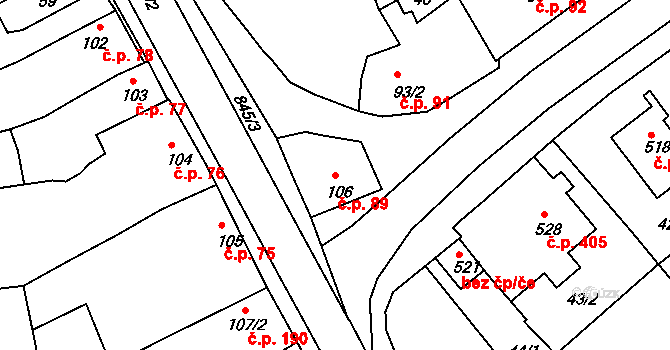 Olšany u Prostějova 89 na parcele st. 106 v KÚ Olšany u Prostějova, Katastrální mapa