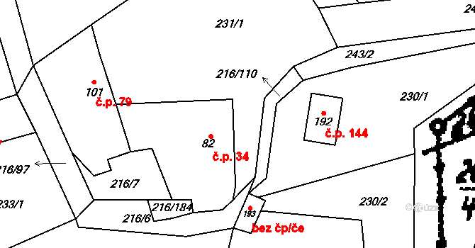 Štrampouch 34, Žáky na parcele st. 82 v KÚ Žáky, Katastrální mapa