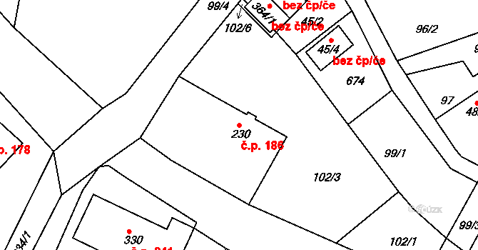 Jenišovice 186 na parcele st. 230 v KÚ Jenišovice u Jablonce nad Nisou, Katastrální mapa