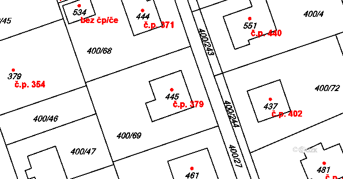 Horoměřice 379 na parcele st. 445 v KÚ Horoměřice, Katastrální mapa