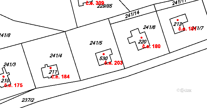 Hostěradice 203, Kamenný Přívoz na parcele st. 530 v KÚ Hostěradice, Katastrální mapa