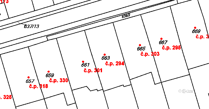 Rousínov 294 na parcele st. 663 v KÚ Rousínov u Vyškova, Katastrální mapa