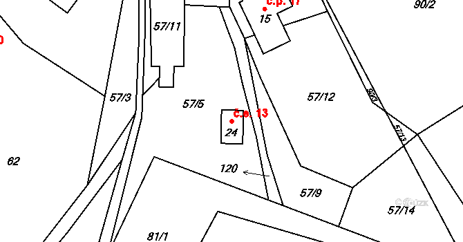 Kadeřín 13, Bouzov na parcele st. 24 v KÚ Kadeřín, Katastrální mapa