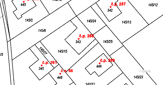 Vědomice 258 na parcele st. 343 v KÚ Vědomice, Katastrální mapa