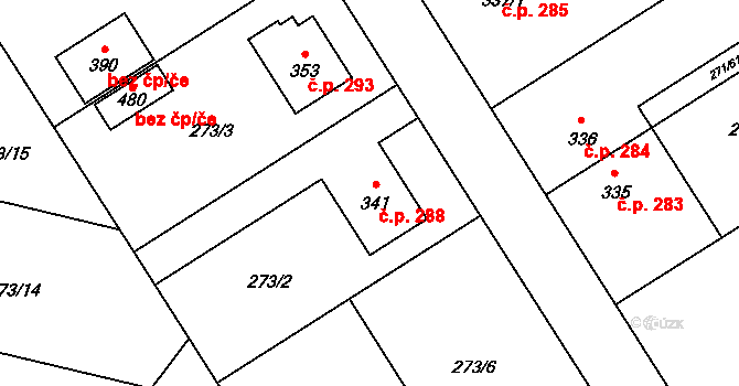 Dymokury 288 na parcele st. 341 v KÚ Dymokury, Katastrální mapa