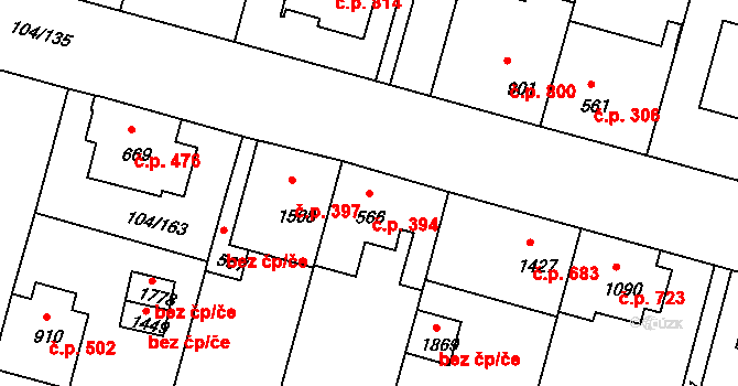 Podklášteří 394, Třebíč na parcele st. 566 v KÚ Podklášteří, Katastrální mapa
