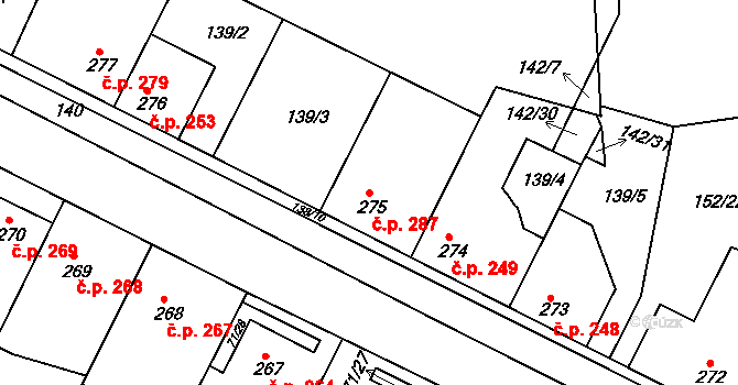 Dobroměřice 287 na parcele st. 275 v KÚ Dobroměřice, Katastrální mapa