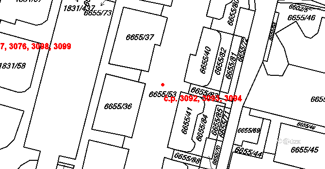Frýdek 3092,3093,3094, Frýdek-Místek na parcele st. 6655/53 v KÚ Frýdek, Katastrální mapa