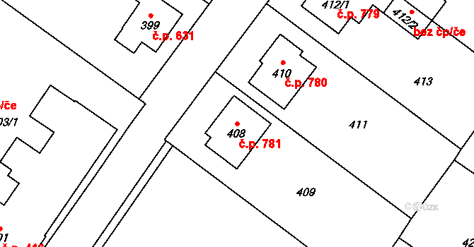 Jablunkov 781 na parcele st. 408 v KÚ Jablunkov, Katastrální mapa