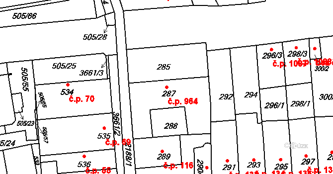 Střešovice 964, Praha na parcele st. 287 v KÚ Střešovice, Katastrální mapa