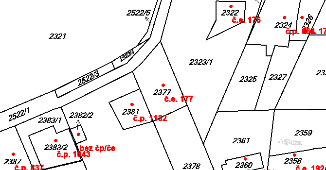 Hloubětín 177, Praha na parcele st. 2377 v KÚ Hloubětín, Katastrální mapa