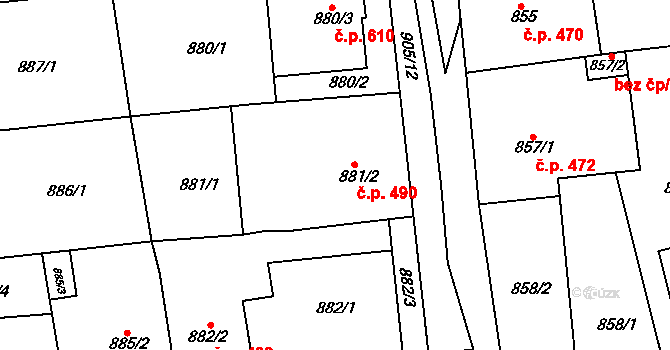 Blučina 490 na parcele st. 881/2 v KÚ Blučina, Katastrální mapa