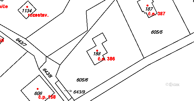 Dolní Jirčany 386, Psáry na parcele st. 188 v KÚ Dolní Jirčany, Katastrální mapa