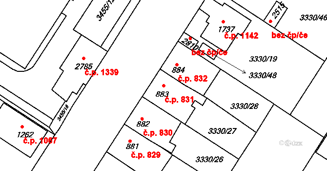Moravské Budějovice 831 na parcele st. 883 v KÚ Moravské Budějovice, Katastrální mapa