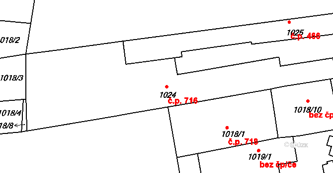 Komárov 716, Brno na parcele st. 1024 v KÚ Komárov, Katastrální mapa