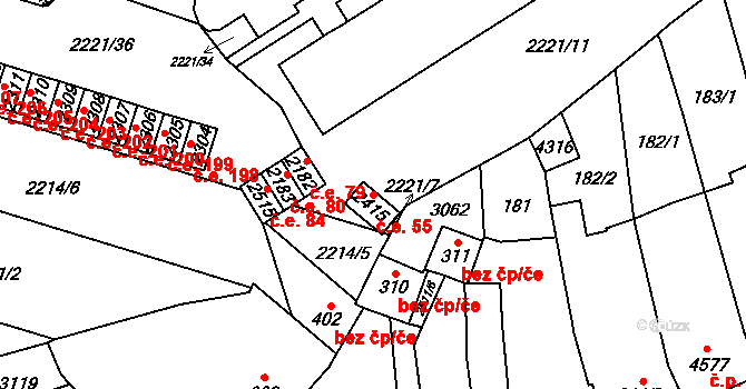 Kyjov 55 na parcele st. 2415 v KÚ Kyjov, Katastrální mapa