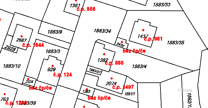 Kateřinky 885, Opava na parcele st. 1382 v KÚ Kateřinky u Opavy, Katastrální mapa