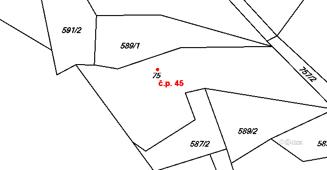 Františky 45, Krouna na parcele st. 75 v KÚ Františky, Katastrální mapa
