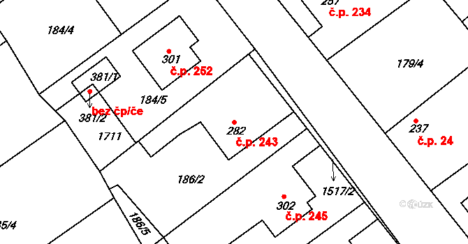 Rosice 243 na parcele st. 282 v KÚ Rosice u Chrasti, Katastrální mapa